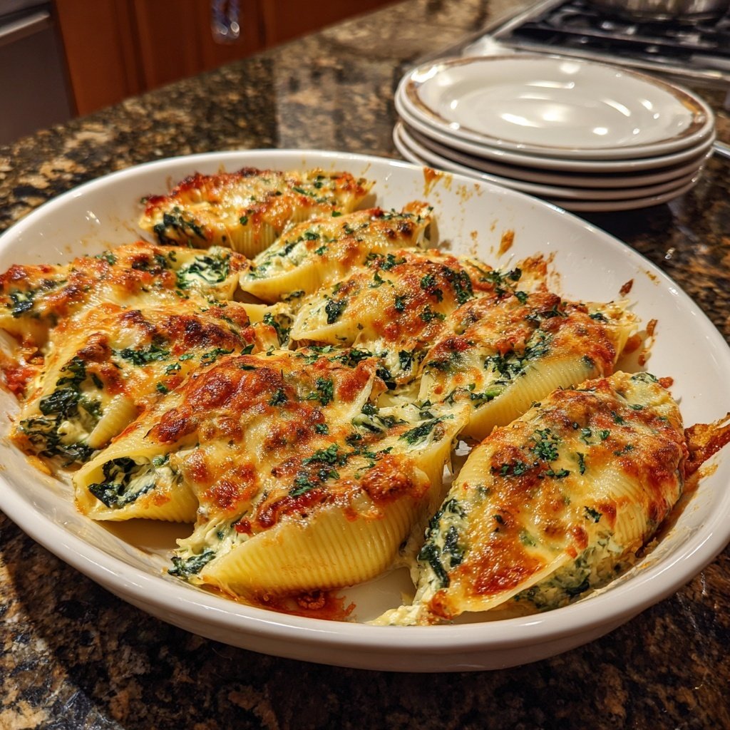 Käsige Spinat gefüllte Muscheln