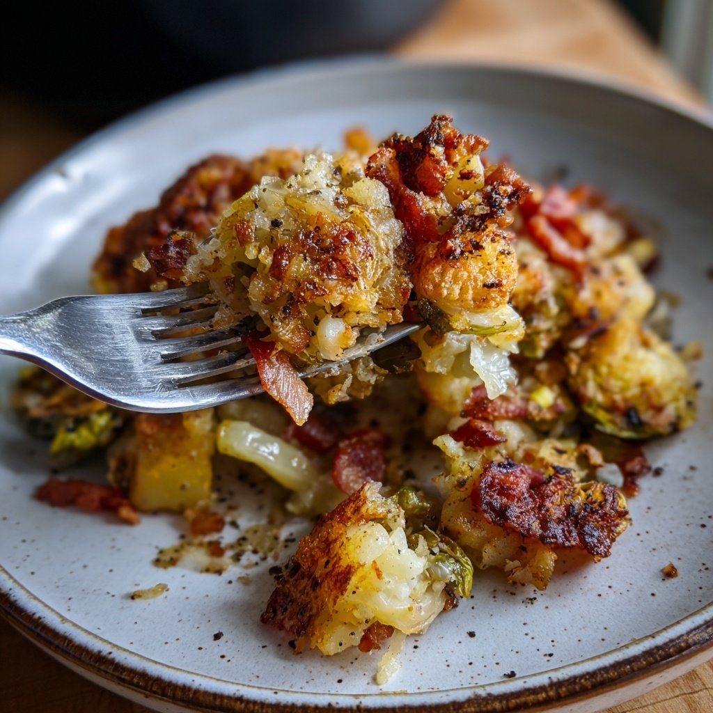 Gebratener Rosenkohl mit Speck, Zwiebeln und Kartoffelwürfeln