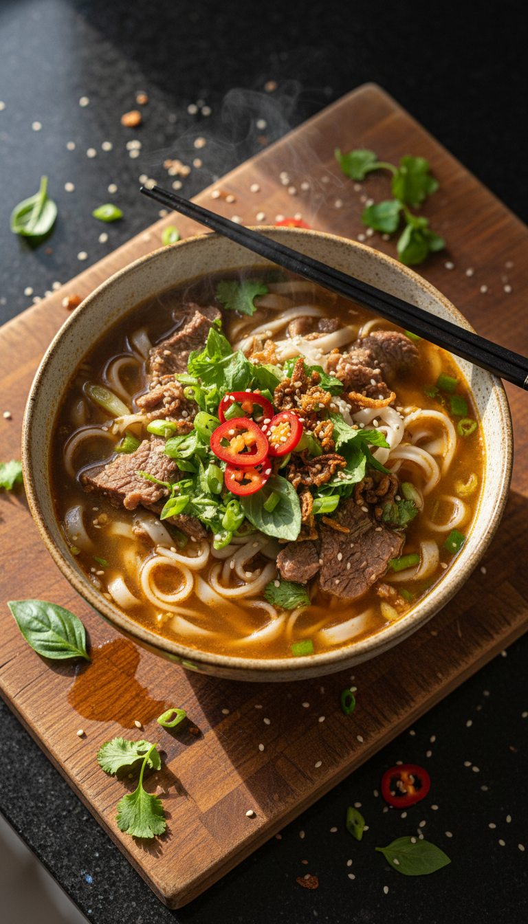 Herzhafte Asiatische Rind Nudelsuppe