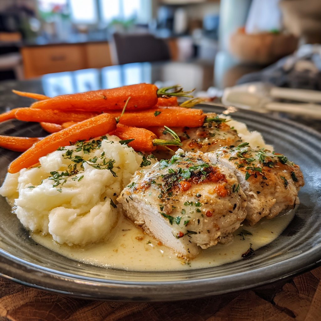 Cremiges Kräuterhühnchen mit Kartoffelpüree und gerösteten Karotten