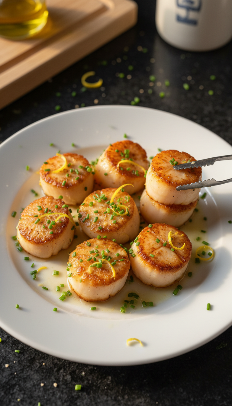 Zitronen Schnittlauch Gebratene Jakobsmuscheln​